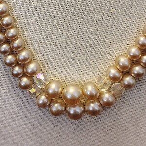 Vtg 50s Double Strand Glass Pearl Crystal Necklace Box Clasp Choker